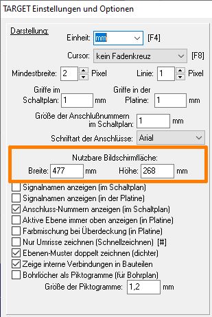 Messen Sie ggf. den sichtbaren Bereich Ihres Bildschirms ab und tragen Sie die Werte im Dialog "TARGET Einstellungen und Optionen" ein.