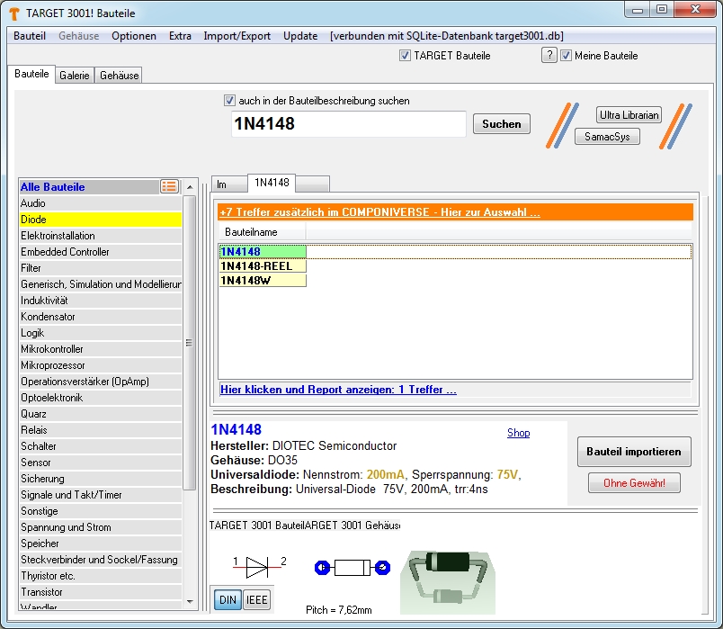 Der TARGET 3001! Bauteilbrowser bei Diode 1N4148