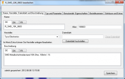 Dialog:Bauteil bearbeiten, TAB: Name, Hersteller, Datenblatt und Beschreibung