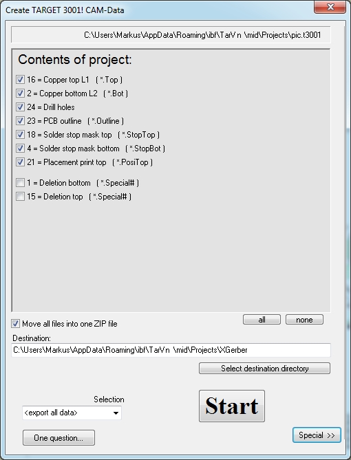 The Create TARGET 3001! CAM-Data dialog