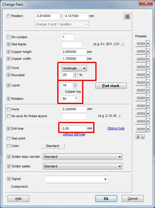 Settings for a smd-pad