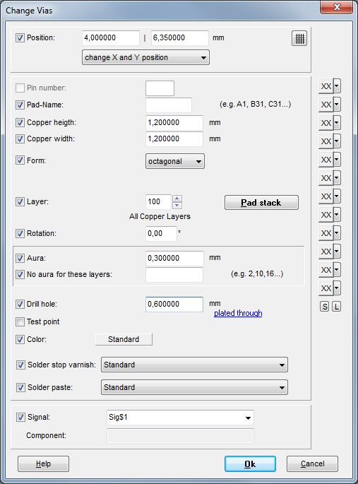 The dialog "Change vias"