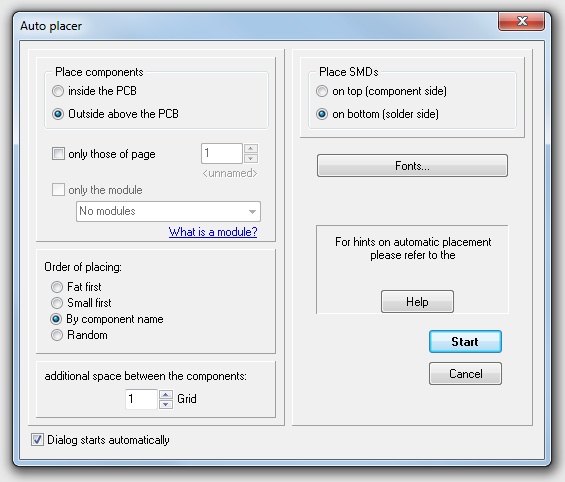 The Auto placer dialog