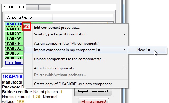 Right mouseclick on the line of a part allows assigning it to a list