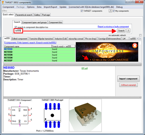 Link to the COMPONIVERSE® in the TARGET3001! component data base