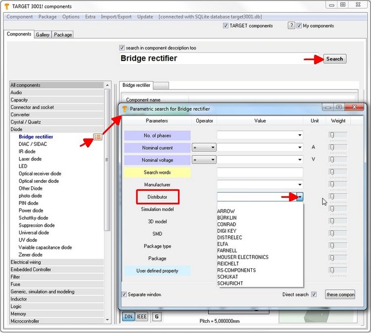 Use the parametric search to find a part in the line of a certain distributor