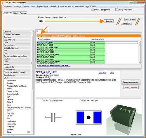 Link to COMPONIVERSE® in the TARGET3001! component data base