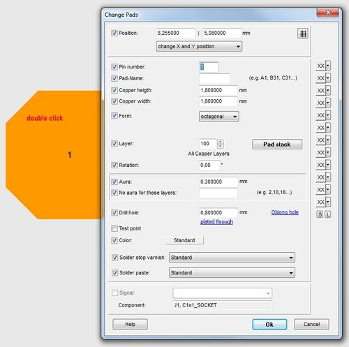 The dialog for the edition of a single THT soldering pad.