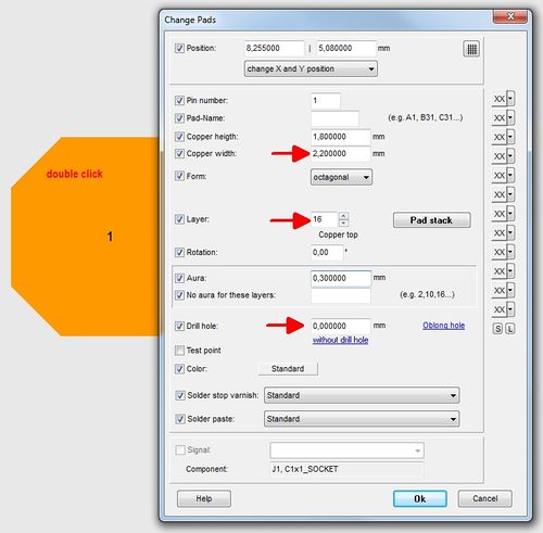 The dialog to edit a single THT-soldering pad.