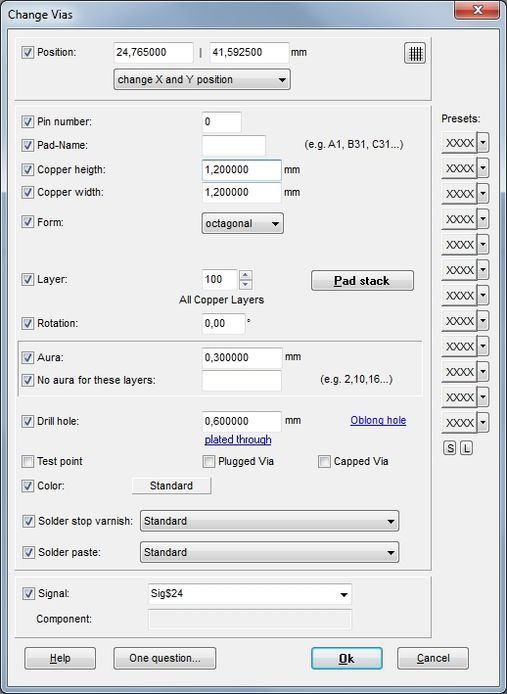 The dialog "Change vias"