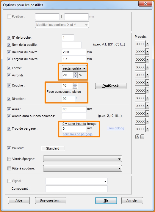 Réglages pour un pastille CMS