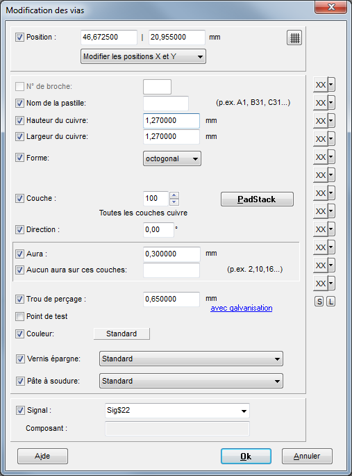 The dialog "Change vias"