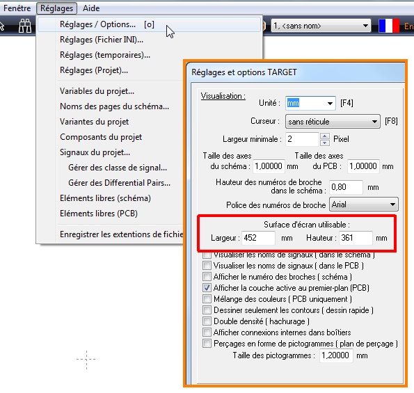 Le dialogue pour régler les mesurages d'ecran